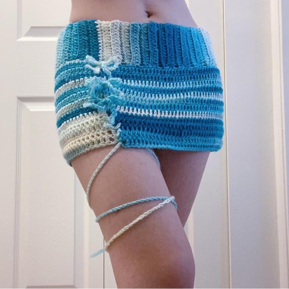 Handmade Blue and White Crochet Micro Skirt